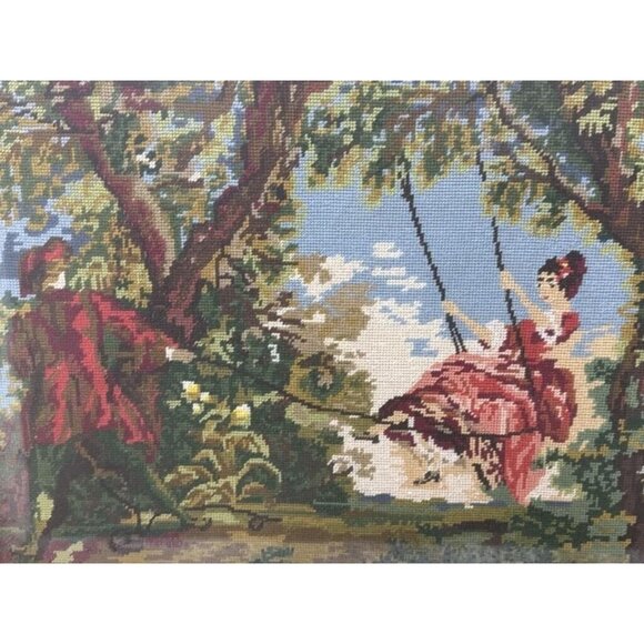 Pair Antique Needlepoints In Beautiful Frames! Couples, Rococo “The Swing” 32x25 - Picture 3 of 6